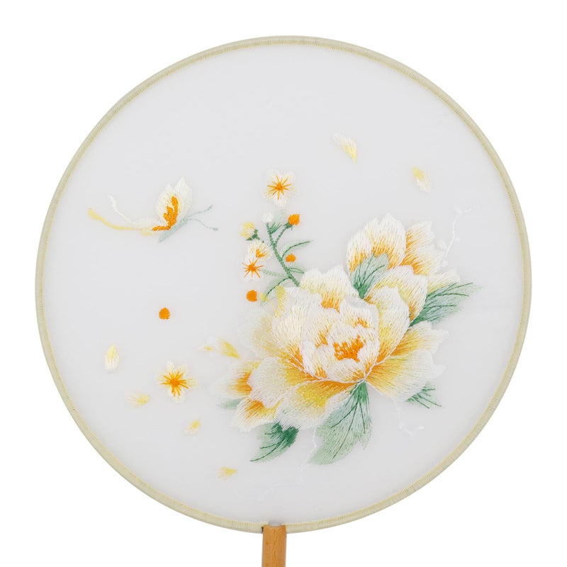 Dnyta Chinese Round Fan Double-Sided Pattern Fan Chinese Silk Hand Fan Ancient Hand Fan (Yellow Peony) - Image 2