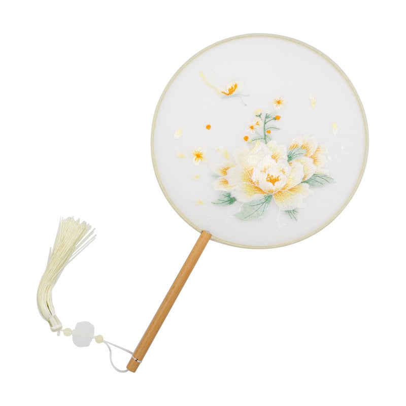 Dnyta Chinese Round Fan Double-Sided Pattern Fan Chinese Silk Hand Fan Ancient Hand Fan (Yellow Peony) - Image 1
