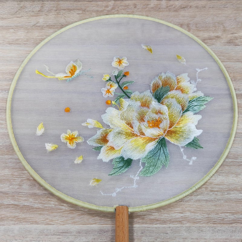 Dnyta Chinese Round Fan Double-Sided Pattern Fan Chinese Silk Hand Fan Ancient Hand Fan (Yellow Peony) - Image 4