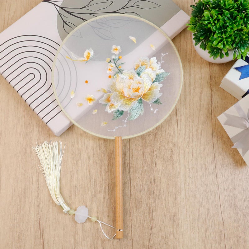 Dnyta Chinese Round Fan Double-Sided Pattern Fan Chinese Silk Hand Fan Ancient Hand Fan (Yellow Peony) - Image 5