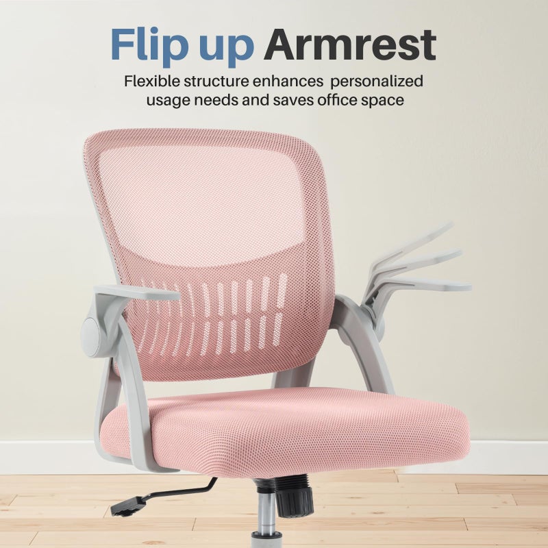 DUMOS Home Office Computer Chair - Ergonomic Mid Back Desk with Lumbar Support and Rocking Mode, Height Adjustable with Flip-up Armrest, for Conference Meeting Room, 360Â° Swivel, Adults, Pink - Image 4