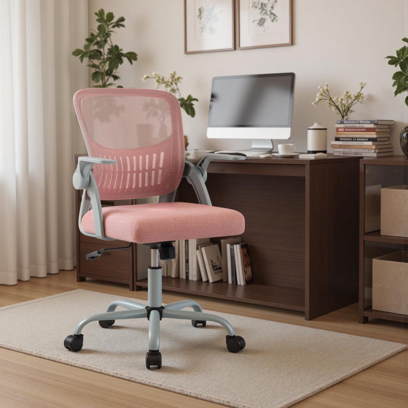 DUMOS Home Office Computer Chair - Ergonomic Mid Back Desk with Lumbar Support and Rocking Mode, Height Adjustable with Flip-up Armrest, for Conference Meeting Room, 360Â° Swivel, Adults, Pink - Image 5