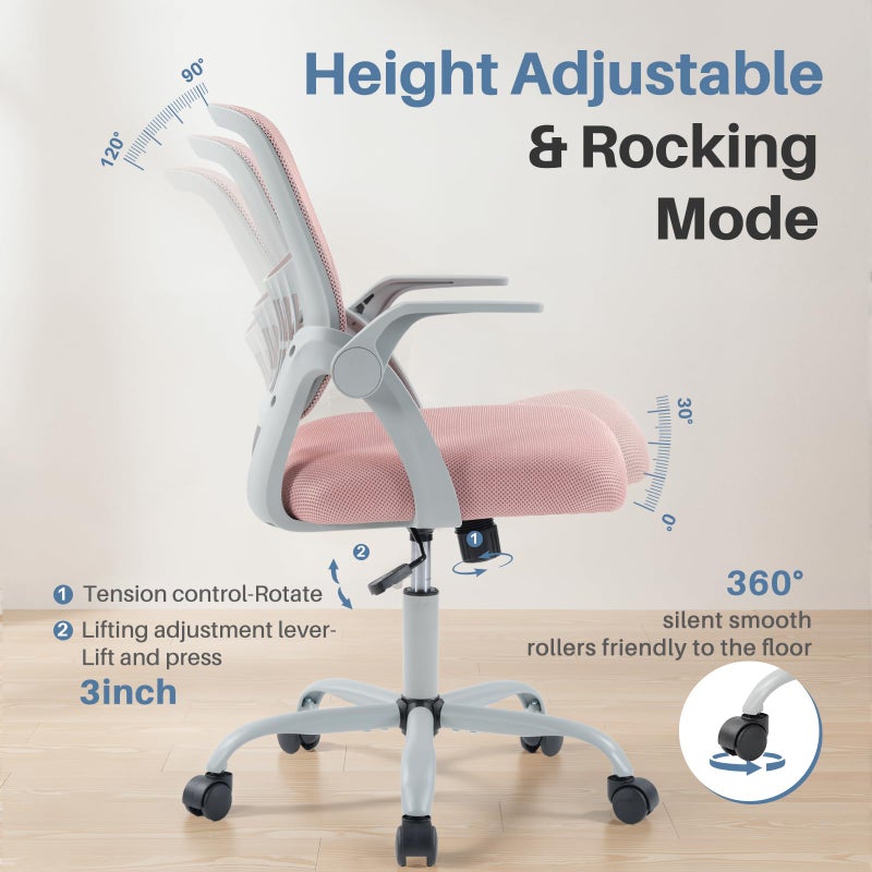 DUMOS Home Office Computer Chair - Ergonomic Mid Back Desk with Lumbar Support and Rocking Mode, Height Adjustable with Flip-up Armrest, for Conference Meeting Room, 360Â° Swivel, Adults, Pink - Image 2