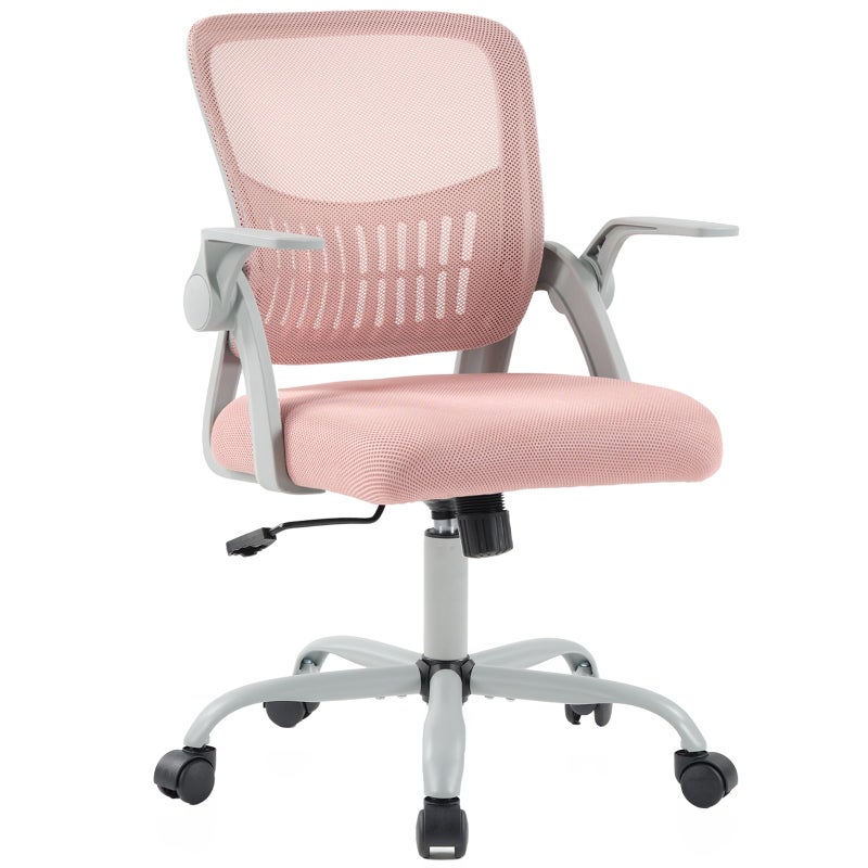 DUMOS Home Office Computer Chair - Ergonomic Mid Back Desk with Lumbar Support and Rocking Mode, Height Adjustable with Flip-up Armrest, for Conference Meeting Room, 360Â° Swivel, Adults, Pink - Image 1