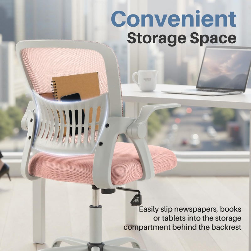 DUMOS Home Office Computer Chair - Ergonomic Mid Back Desk with Lumbar Support and Rocking Mode, Height Adjustable with Flip-up Armrest, for Conference Meeting Room, 360Â° Swivel, Adults, Pink - Image 3