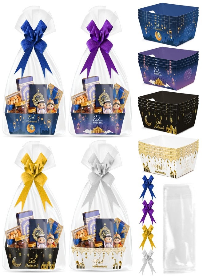 OSNIE Eid Mubarak Gift Bag Empty Baskets - 24 Sets Islamic Eid Gold Lantern and Moon Party Gift Baskets Empty with Cellophane Bags and Ribbons Bows for Festivals Holiday Business Carnival (4 Styles) - Image 1