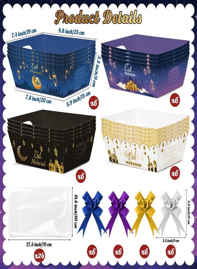 OSNIE Eid Mubarak Gift Bag Empty Baskets - 24 Sets Islamic Eid Gold Lantern and Moon Party Gift Baskets Empty with Cellophane Bags and Ribbons Bows for Festivals Holiday Business Carnival (4 Styles) - Image 2