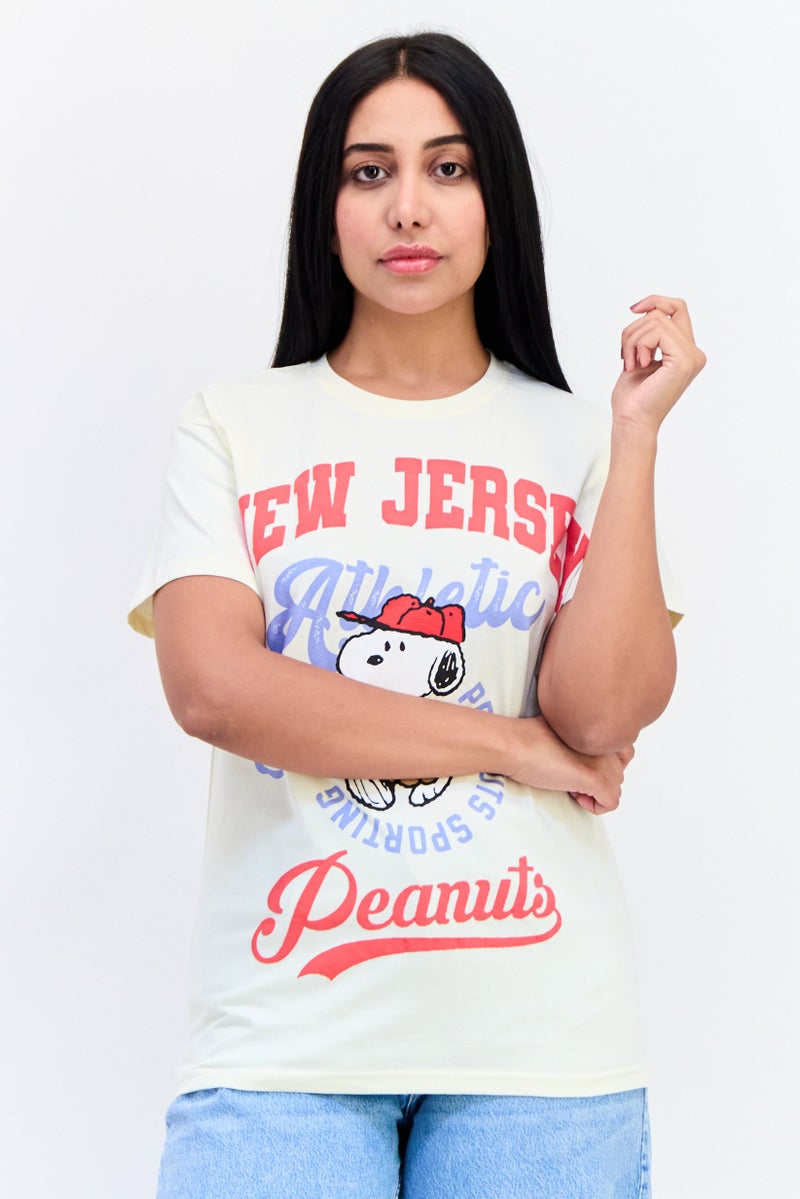 Peanuts تي شيرت نسائي بأكمام قصيرة وياقة دائرية، مطبوع برسومات، بيج - Image 1