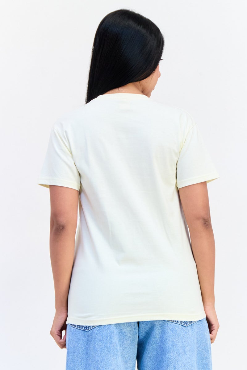 Peanuts تي شيرت نسائي بأكمام قصيرة وياقة دائرية، مطبوع برسومات، بيج - Image 3