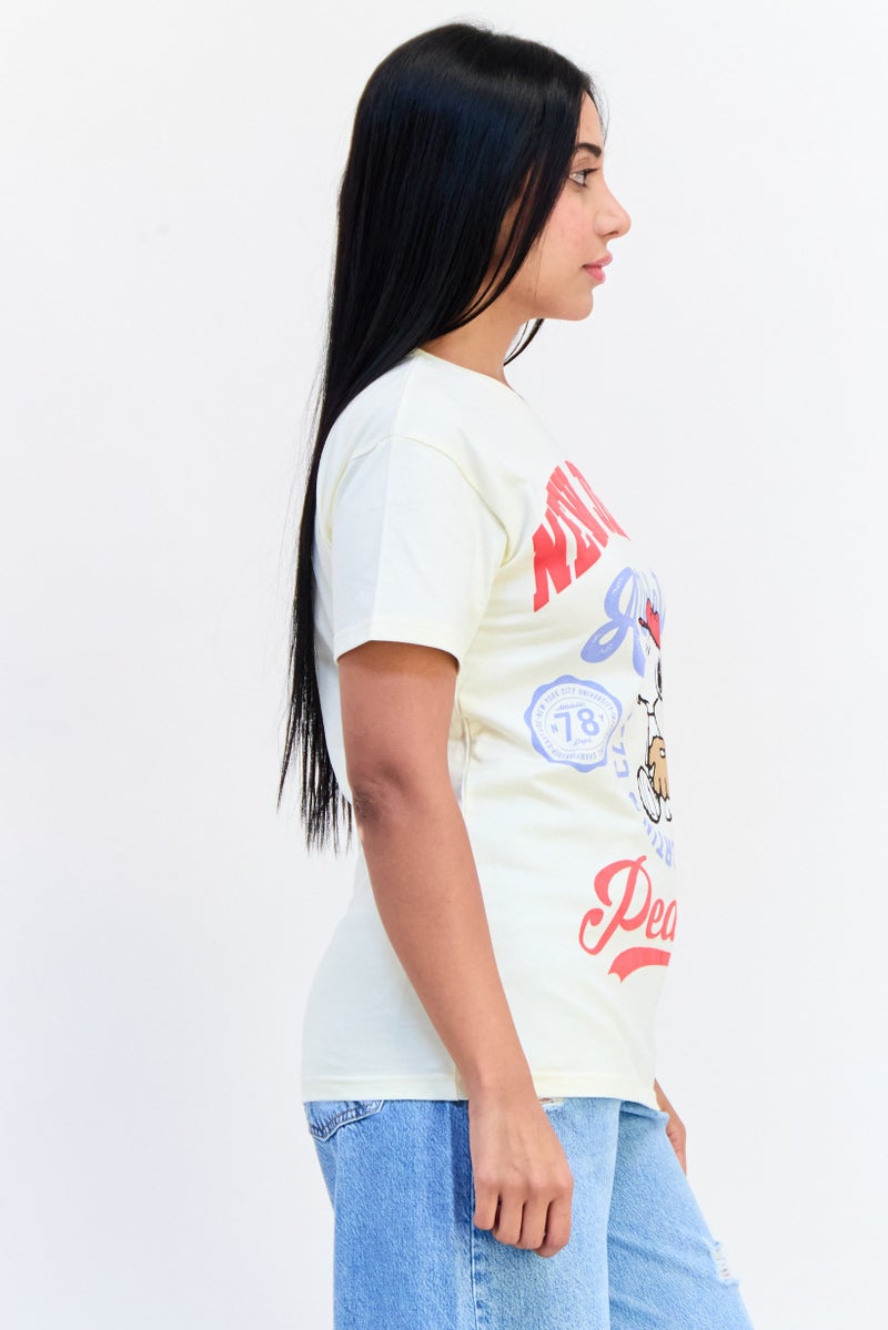 Peanuts تي شيرت نسائي بأكمام قصيرة وياقة دائرية، مطبوع برسومات، بيج - Image 2