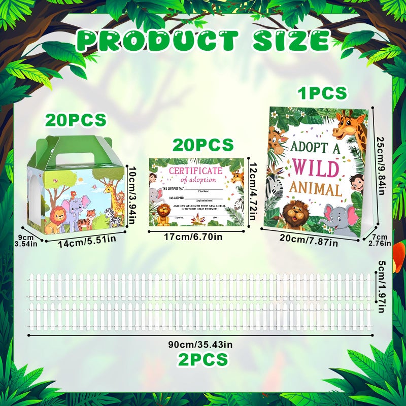 Jiytivity 63 Pcs Safari Jungle Party Favors Include 20 Foldable Paper Boxes 20 Forest Mini Stuffed Animals 20 Adoption Cards 1 Adoption Signs 2 Fence for Jungle Party Supplies Adopt a Jungle Animal Favors - Image 3