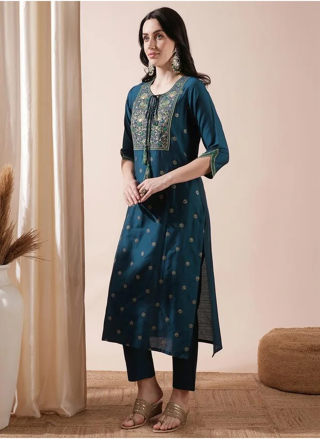 globus Embroidered Tie-Up Tassels Straight Kurta with Pants Set