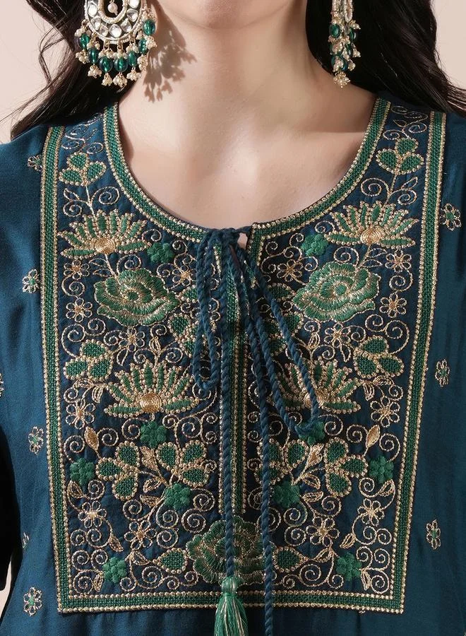 globus Embroidered Tie-Up Tassels Straight Kurta with Pants Set by Styli