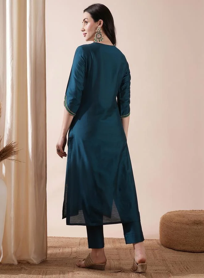 globus Embroidered Tie-Up Tassels Straight Kurta with Pants Set by Styli