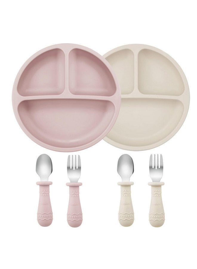 PandaEar 6 Pack Toddler Plates and Utensils Set, 2 Pack Silicone Baby Plates with Suction and 4 Stainless Steel Baby Spoons Forks, Toddler Dinnerware Set, Baby Dishes - Image 1