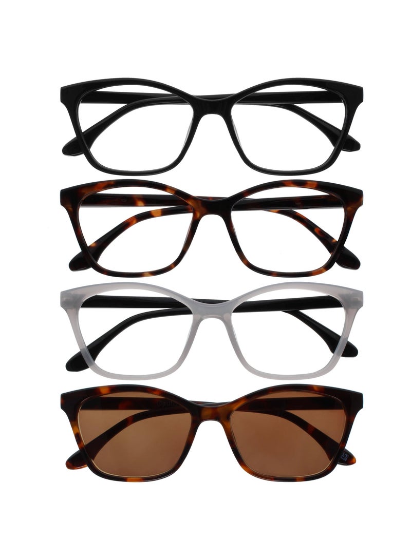OPULIZE KAT Reading Glasses with Reading Sunglasses, Mixed Pack for Women Men, Cat-Eye Frame with Spring Hinges and Tinted UV400 Protection Lens, Black Brown Grey Brown +3.00 (Pack of 4) - Image 1