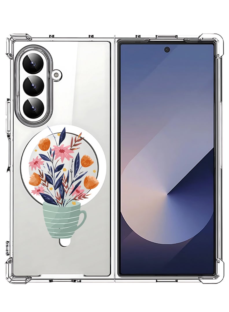 Theodor Magnetic Case for Samsung Galaxy Z Fold 7 Compatible with MagSafe Wireless Charging, Shockproof Phone Bumper Cover Cup of Flower - Image 1