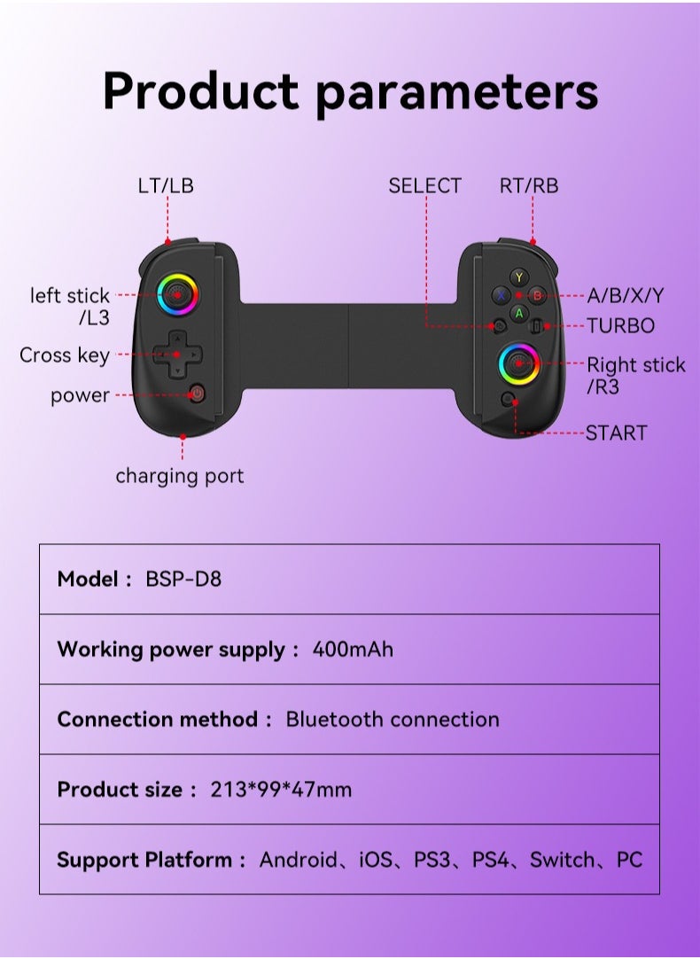 Generic - D8 Mobile Gaming Controller for iPhone/Android/PC/Nintendo Switch/PS4, Cloud Games, with Hall Effect Joystick, 6 Axis Gyro (Black) - Image 1