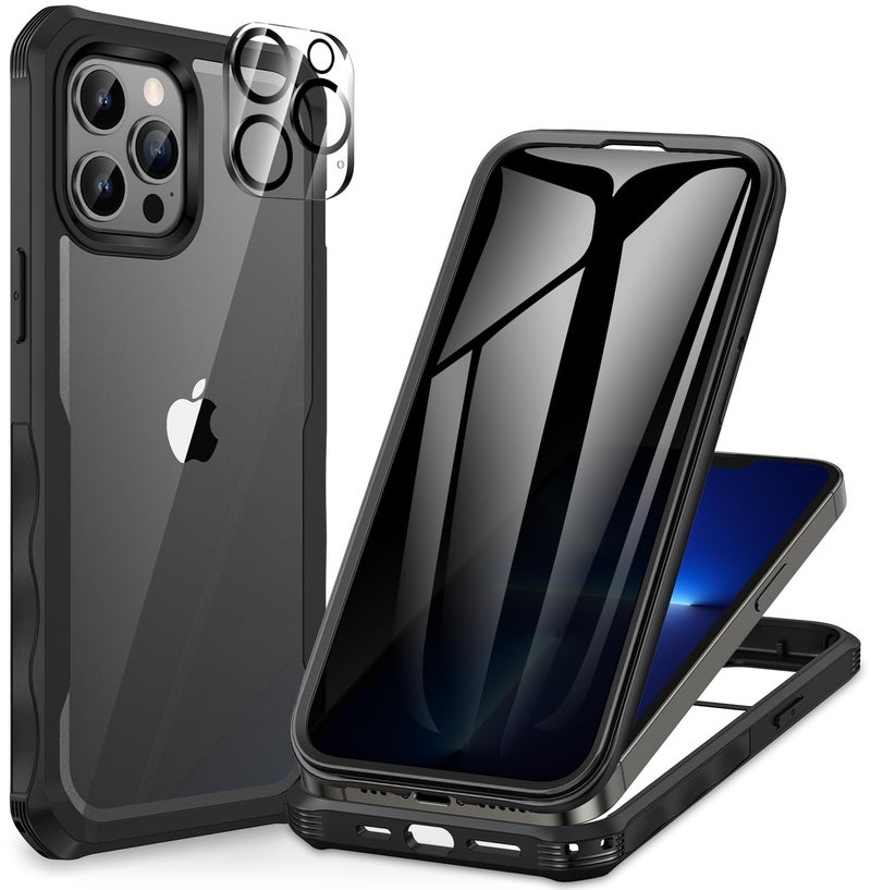 CENHUFO Privacy for iPhone 13 Pro Max Case, Full Body Phone Case with Built-in 9H Tempered Glass Privacy Screen Protector and Camera Lens Protector, Anti Peep Shockproof Bumper Clear Cover - Black - Image 1