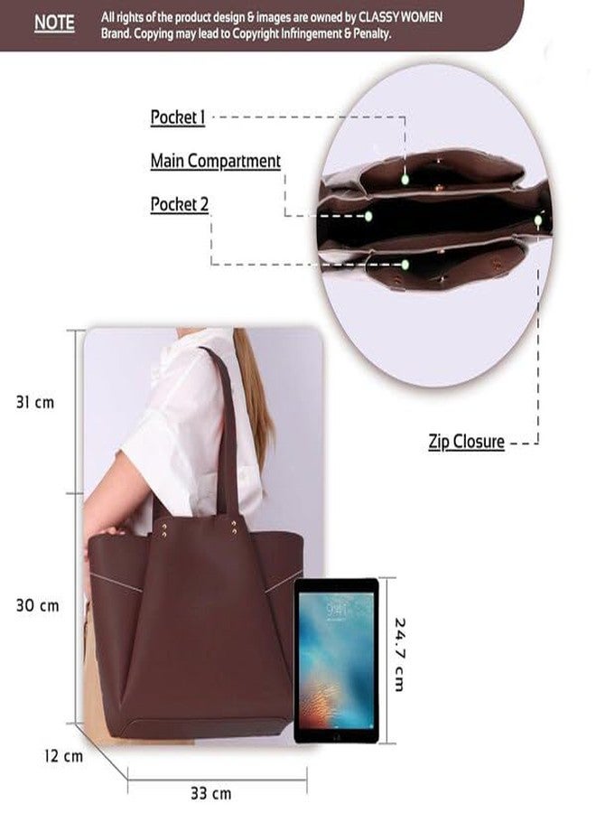 HaveGlam Premium Classic PU Leather Tote Bag for Women | Stylish Shoulder Handbag for Office, Travel & Daily Use | Large Capacity Casual Tote Purse for Girls & Ladies (Brown) - Image 3
