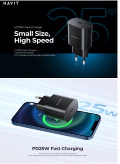 havit Havit UC25-25W USB-C Fast Charging Wall Charger, Black forSamsung Galaxy S23/S23+/S22/S21/S20/Ultra/Plus,Note 20/10/S10,Galaxy Tab S7/S8,A34,A14  - Image 5