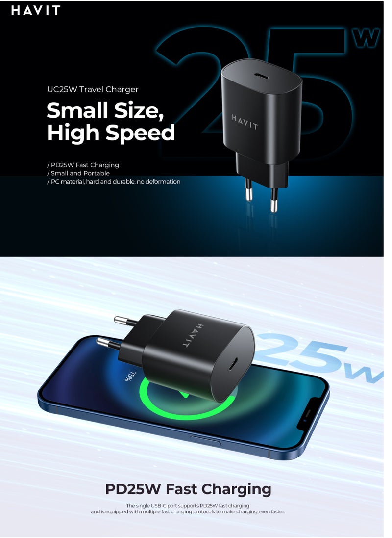 havit - Havit UC25-25W USB-C Fast Charging Wall Charger, Black forSamsung Galaxy S23/S23+/S22/S21/S20/Ultra/Plus,Note 20/10/S10,Galaxy Tab S7/S8,A34,A14 - Image 1