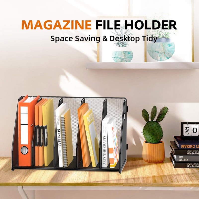 SUPEASY Binder Organizer Magazine File Holder with 5 Vertical Compartments Rack Metal Desk File Organizer Binder Holders Magazine Organizers for Office Desktop Home School Classroom Black - Image 3