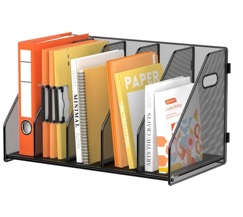 SUPEASY Binder Organizer Magazine File Holder with 5 Vertical Compartments Rack Metal Desk File Organizer Binder Holders Magazine Organizers for Office Desktop Home School Classroom Black - Image 1