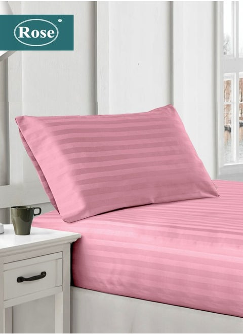 Rose Luxurious Hotel Stripe Fitted Sheet with Deep Pockets and Pillow Case, Bed Sheet 2-Pieces Set, Soft & Silky Microfiber Breathable and Cooling, Extra Twin Size 120X200+35 cm, Pink