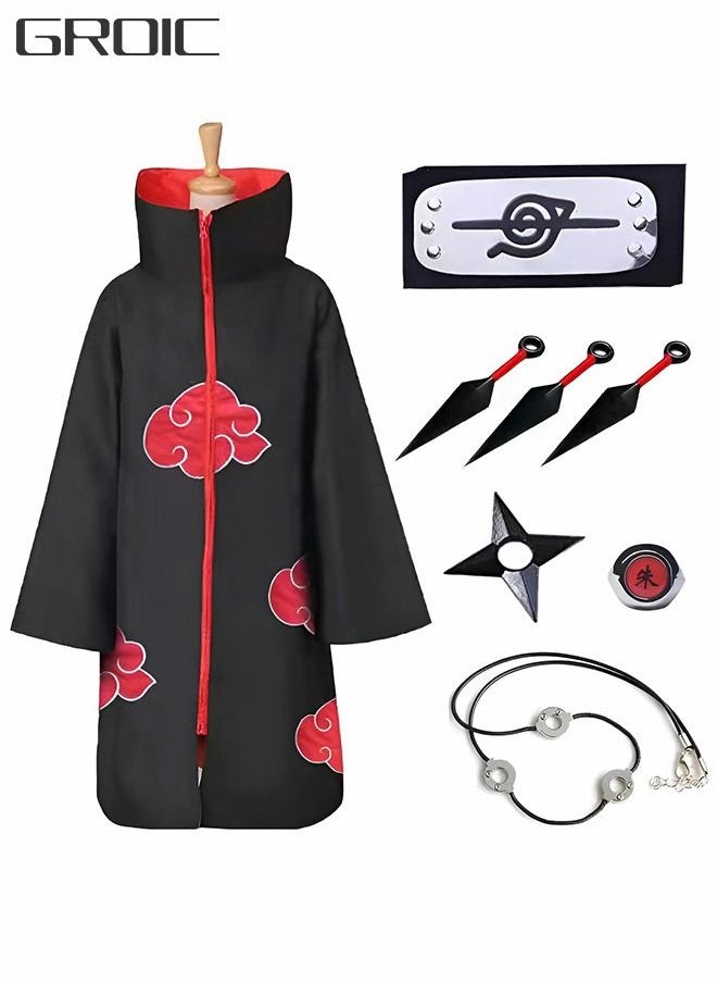 GROIC - 8-Piece Set Unisex Anime Long Robe Cosplay,Anime Naruto Long Robe Akatsuki Cloak Ninja Cosplay Costume Uniform Headband Full Accessories,Party Dressing - Image 1
