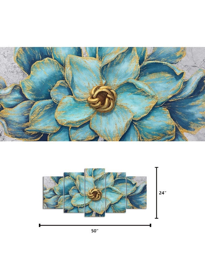 Welmeco Living Room Decoration 5 Pieces Teal Beautiful Elegant Flowers Canvas Wall Art Giclee Prints Rustic Gold Decoration Floral Picture Poster Framed and Stretched Contemporary Artwork for Modern - Image 5