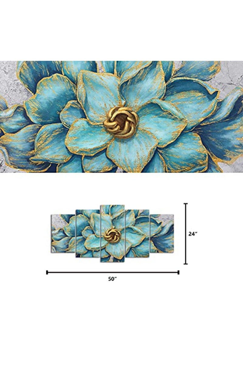 Welmeco Living Room Decoration 5 Pieces Teal Beautiful Elegant Flowers Canvas Wall Art Giclee Prints Rustic Gold Decoration Floral Picture Poster Framed and Stretched Contemporary Artwork for Modern - Image 4