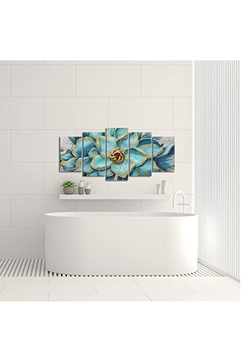 Welmeco Living Room Decoration 5 Pieces Teal Beautiful Elegant Flowers Canvas Wall Art Giclee Prints Rustic Gold Decoration Floral Picture Poster Framed and Stretched Contemporary Artwork for Modern - Image 3