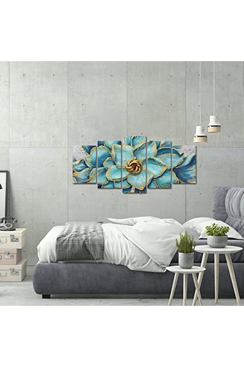 Welmeco Living Room Decoration 5 Pieces Teal Beautiful Elegant Flowers Canvas Wall Art Giclee Prints Rustic Gold Decoration Floral Picture Poster Framed and Stretched Contemporary Artwork for Modern - Image 2