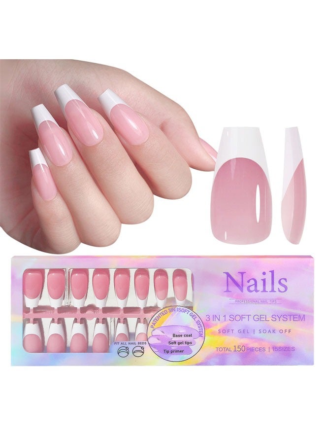 عام تلميحات الأظافر الجل الفرنسي، 150 طلقة متوسطة الحجم من الأظافر الزائفة بشكل النعومة، طلاء 3 في 1، طبقات X المُسبقة والمُثبتة والمُدرَّجة والمُعدة مُسبقًا، 15 حجمًا من تمديدات الأظافر بدون حاجة لملف. - Image 1