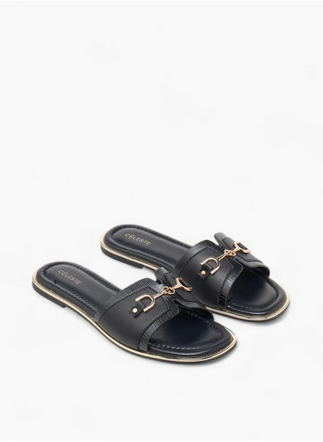 سيليست Women's Textured Slip-On Sandals with Metal Accent
