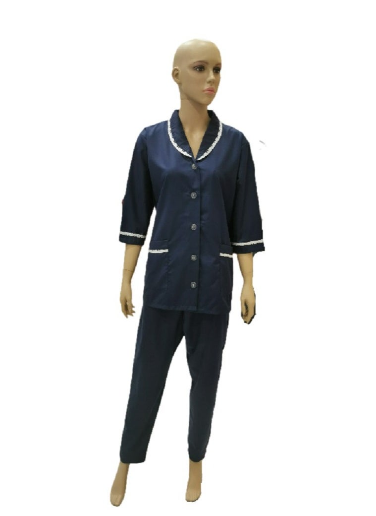 Rannah's Closet Domestic Helper Uniform Elegant Kolcha Design Navy Blue House Maid Uniform Set Top and Pants  - Image 1