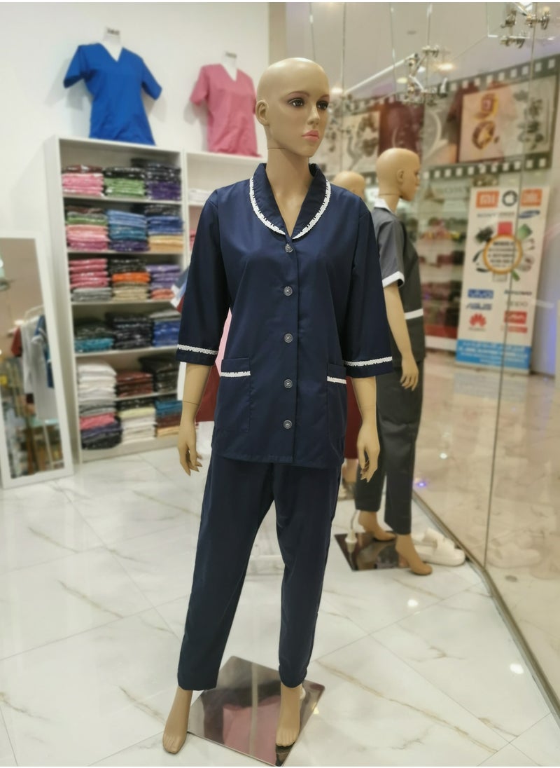 Rannah's Closet Domestic Helper Uniform Elegant Kolcha Design Navy Blue House Maid Uniform Set Top and Pants  - Image 2