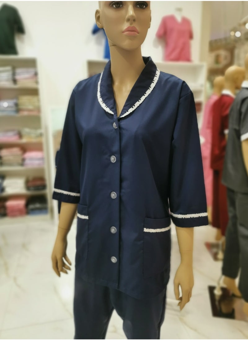 Rannah's Closet Domestic Helper Uniform Elegant Kolcha Design Navy Blue House Maid Uniform Set Top and Pants  - Image 3