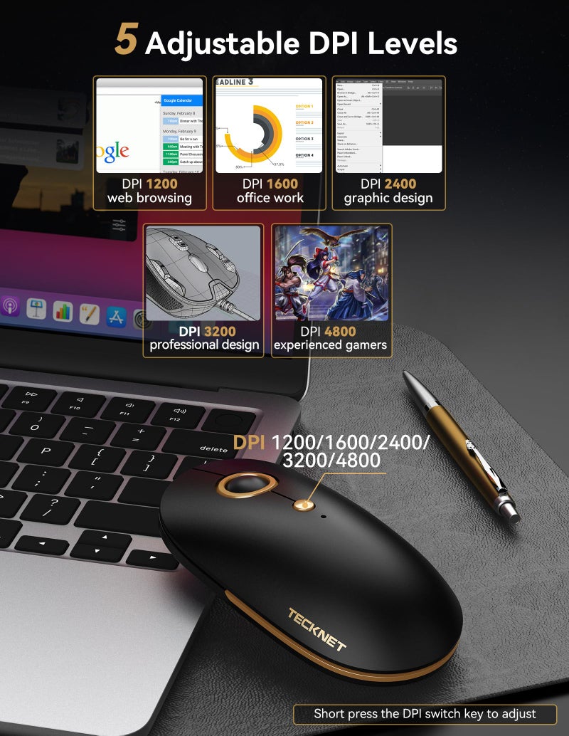 TECKNET Computer Mouse, 2.4Ghz Silent USB-A Wireless Mouse, 4800 DPI Ambidextrous Quiet Click for Travel, Slim Portable Wireless Mice Compatible with PC Laptop - Image 5