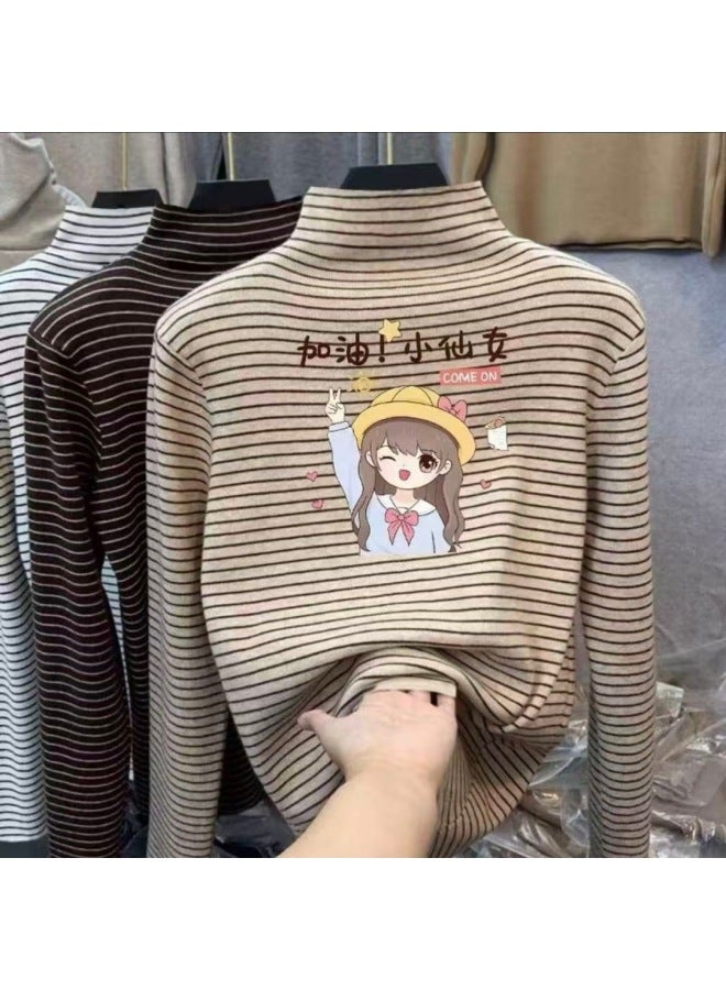 Boys And Girls' Thermal Base Layer Shirts, Spring And Autumn, Big Kids' Half-high Collar Long-sleeve T-shirts, Stylish Striped Warm Tops