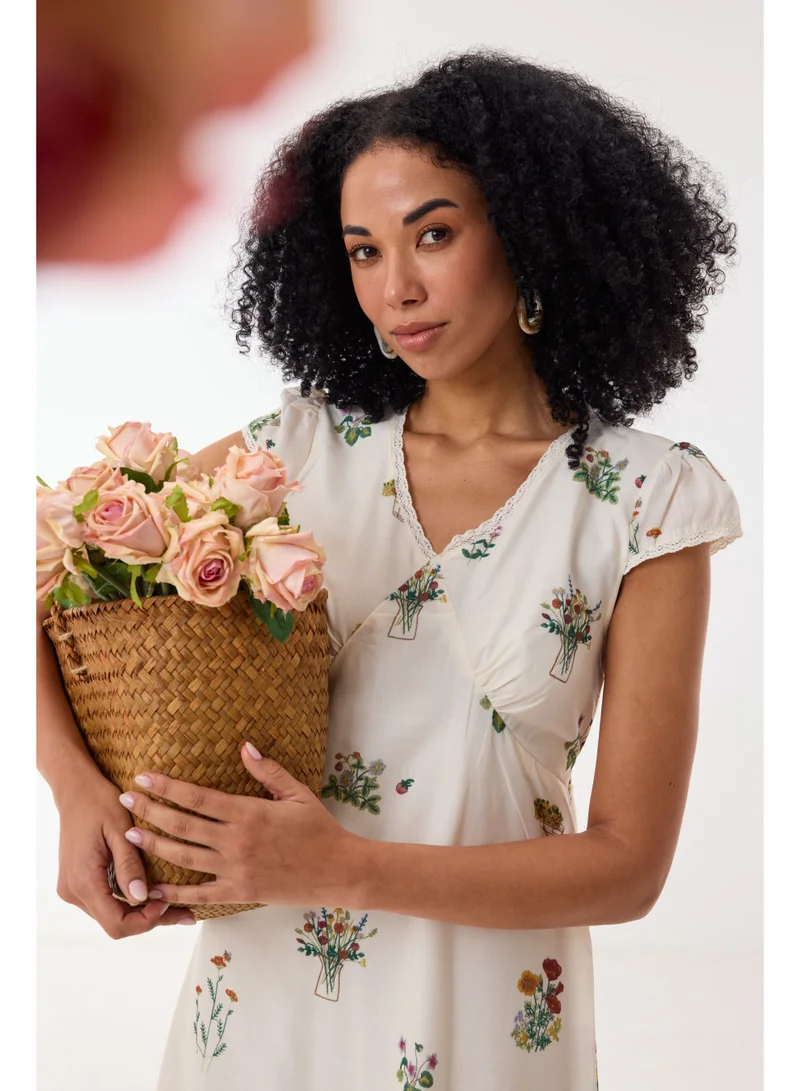 Ashita Fernandes Floral Print V-Neck Midi Dress with Cap Sleeves – Ivory