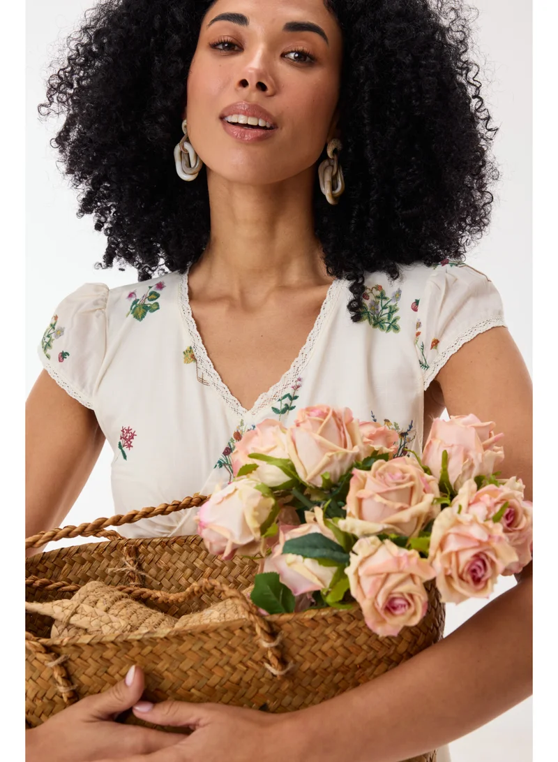 Ashita Fernandes Floral Print V-Neck Midi Dress with Cap Sleeves – Ivory