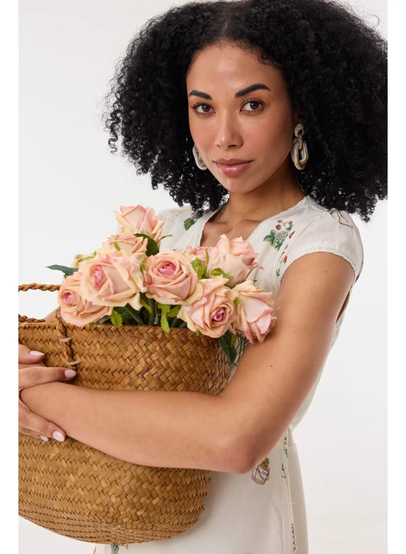 Ashita Fernandes Floral Print V-Neck Midi Dress with Cap Sleeves – Ivory