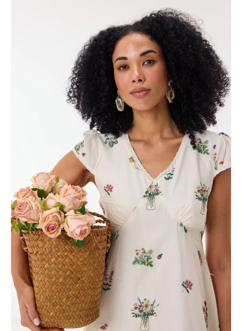 Ashita Fernandes Floral Print V-Neck Midi Dress with Cap Sleeves – Ivory