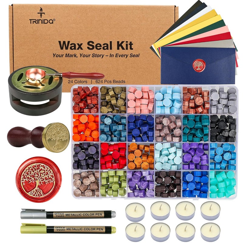 TRINIDa Wax Seal Kit Premium Wax Seal Stamp Kit 24 Colors 624 Beads Metallic Pens, Warmers, Spoons, Tea Candles, Wedding Invitations, Letter Envelopes, Gift Cards, DIY Crafts - Image 1