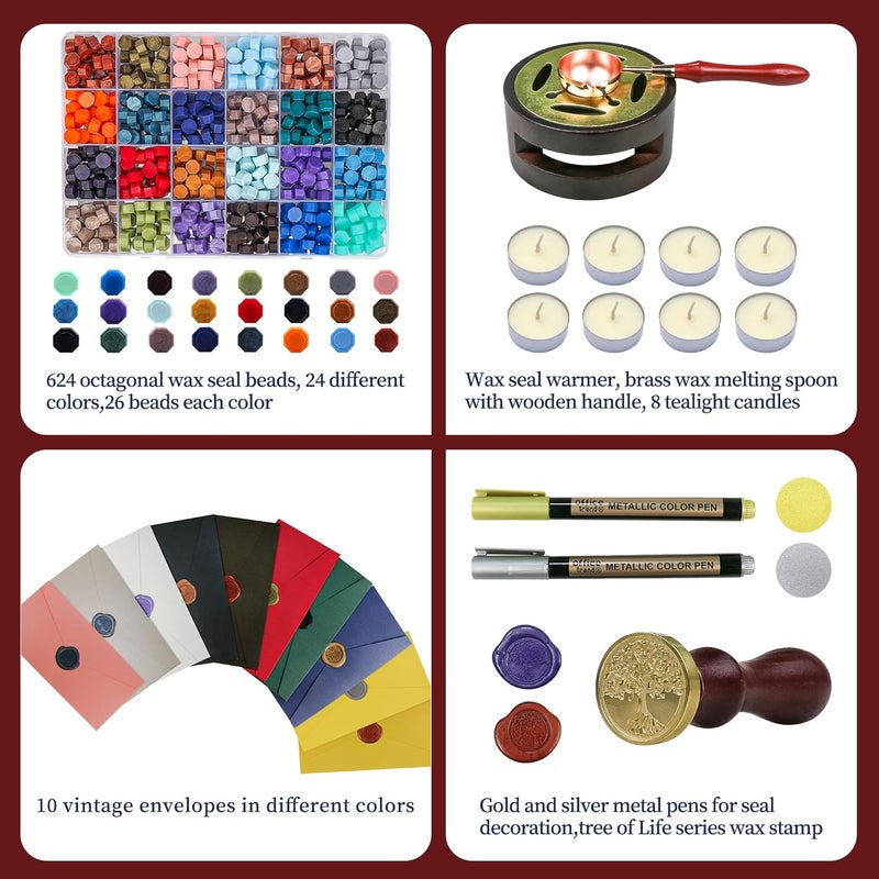 TRINIDa Wax Seal Kit Premium Wax Seal Stamp Kit 24 Colors 624 Beads Metallic Pens, Warmers, Spoons, Tea Candles, Wedding Invitations, Letter Envelopes, Gift Cards, DIY Crafts - Image 2