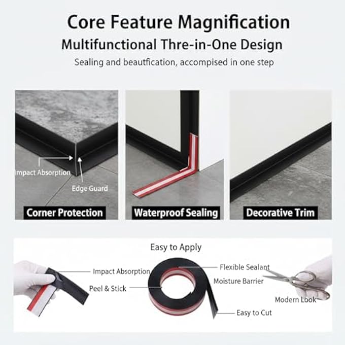 BLACK SELF-ADHESIVE DECORATIVE STRIPS, 16.4FT X 0.8INCH PEEL AND STICK WALL MOLDING TRIM, FLEXIBLE PVC SILVER DECOR TRIM TAPE FOR WALL, CEILING, FURNITURE, COUNTERTOP, FRAME,WARDROBE - SHINY BLACK - Image 2