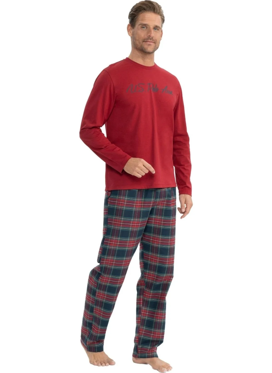 U.S. Polo Assn. 18851 Men's Burgundy Long Sleeve Round Neck Combed Jersey Woven Pajama Set