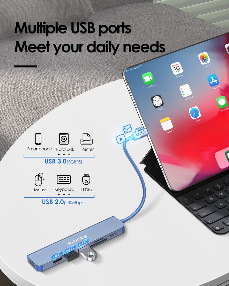 LENTION USB C Hub with 100W Charging, 4K HDMI, Dual Card Reader, USB 3.0 & 2.0 Compatible 2023-2016 MacBook Pro, New Mac Air/Surface, Chromebook, More, Stable Driver Adapter (CB-CE18,Blue) - Image 4